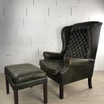 Bronze Green Upholstered Leather Wing Chair+Footrest
