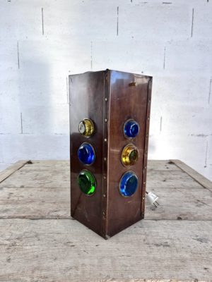 Square copper suspension with colored glass cabochons by Erik Hoglund
