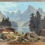 Oil on canvas Mountain landscape by a lake