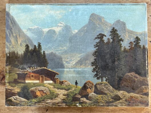 Oil on canvas mountain landscape by a lake 'oil on canvas