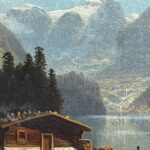 Oil on canvas Mountain landscape by a lake